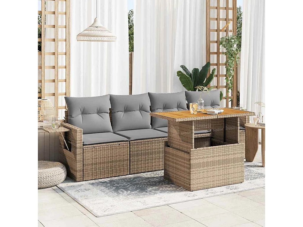 5-delige Loungeset met kussens poly rattan beige