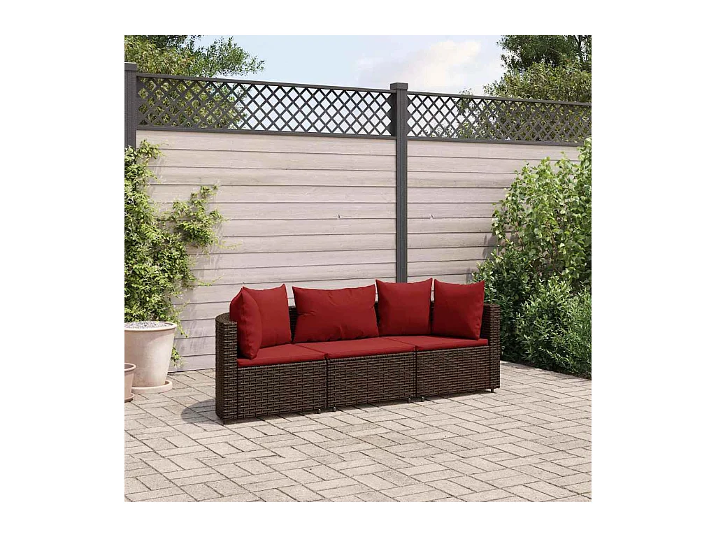 Salon de jardin avec coussins 3 pièces marron résine tressée