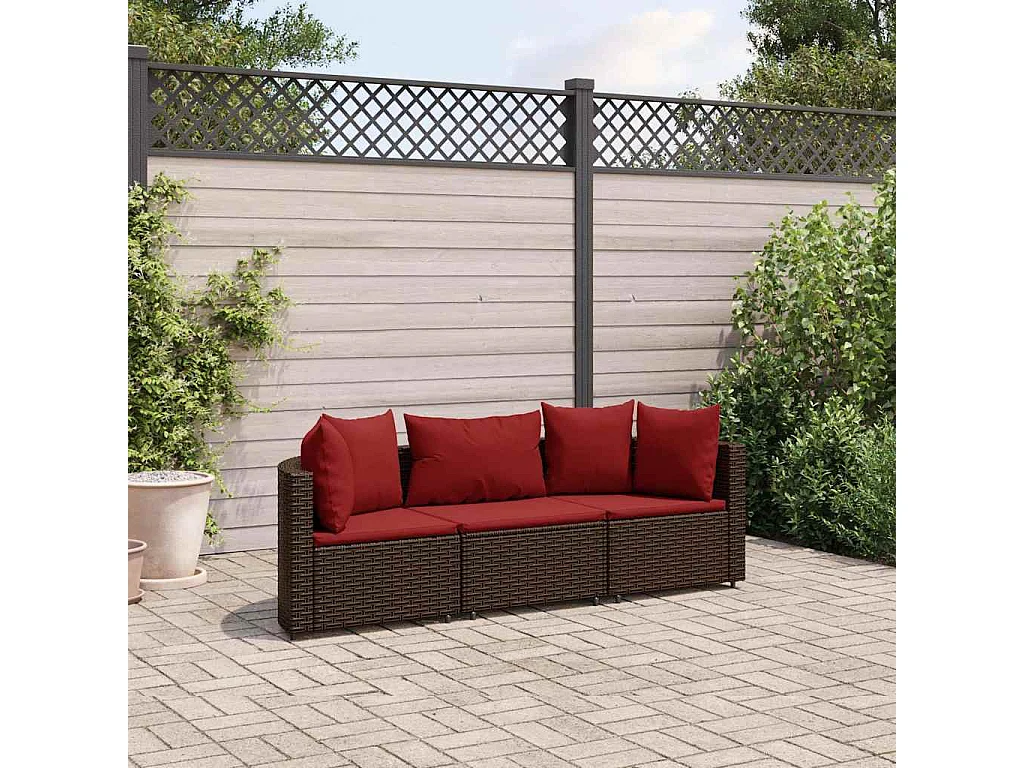 Salon de jardin avec coussins 3 pièces marron résine tressée