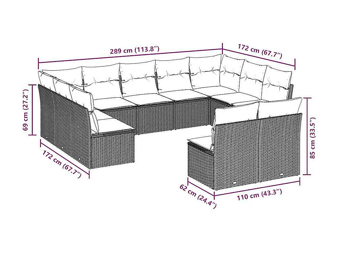 11-delige Loungeset met kussens poly rattan lichtgrijs