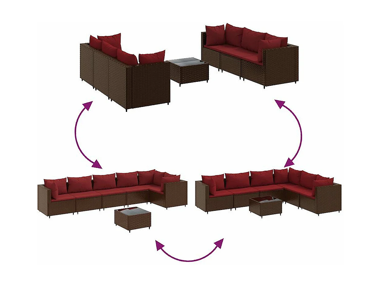 7-delige Loungeset met kussens poly rattan bruin