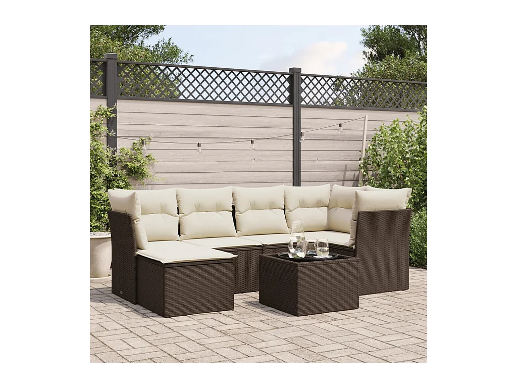 7 peças conjunto de sofás jardim com almofadões vime PE castanho