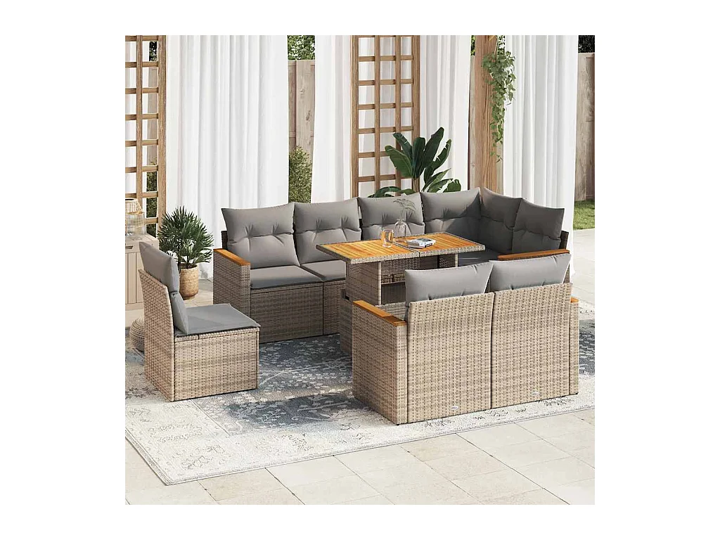 Set sofás jardín y cojines 9 piezas ratán sintético acacia beige
