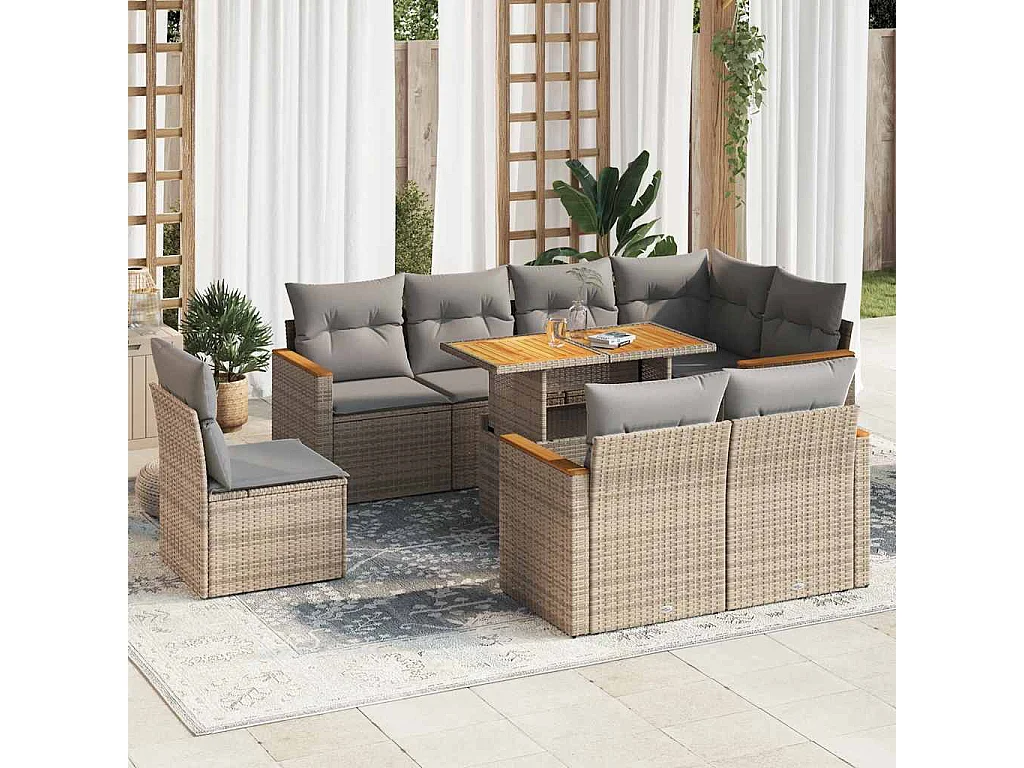 Salon de jardin avec coussins 9 pièces beige résine tressée acacia