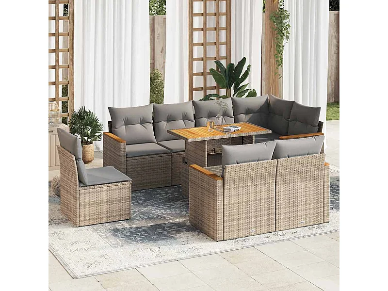 Salon de jardin avec coussins 9 pièces beige résine tressée acacia