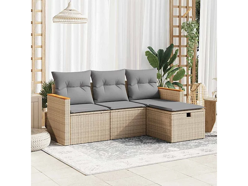 4-delige Loungeset met kussens poly rattan beige