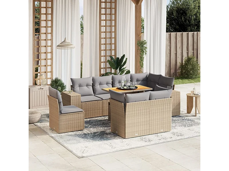 9 peças conjunto de sofás para jardim com almofadões vime PE bege