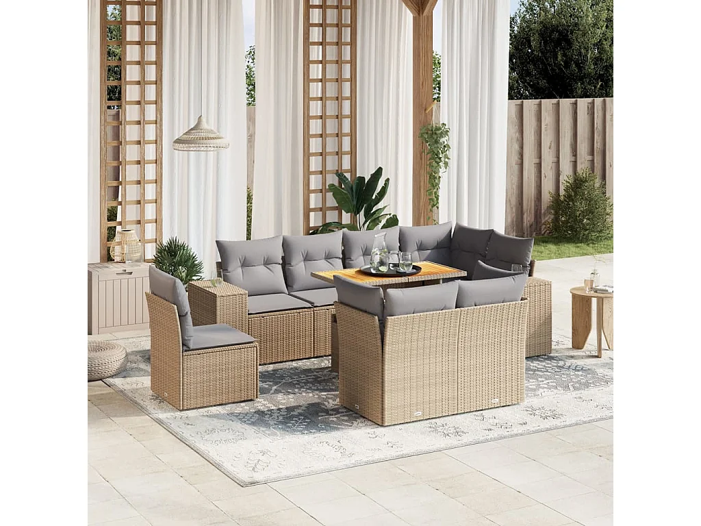 9 peças conjunto de sofás para jardim com almofadões vime PE bege