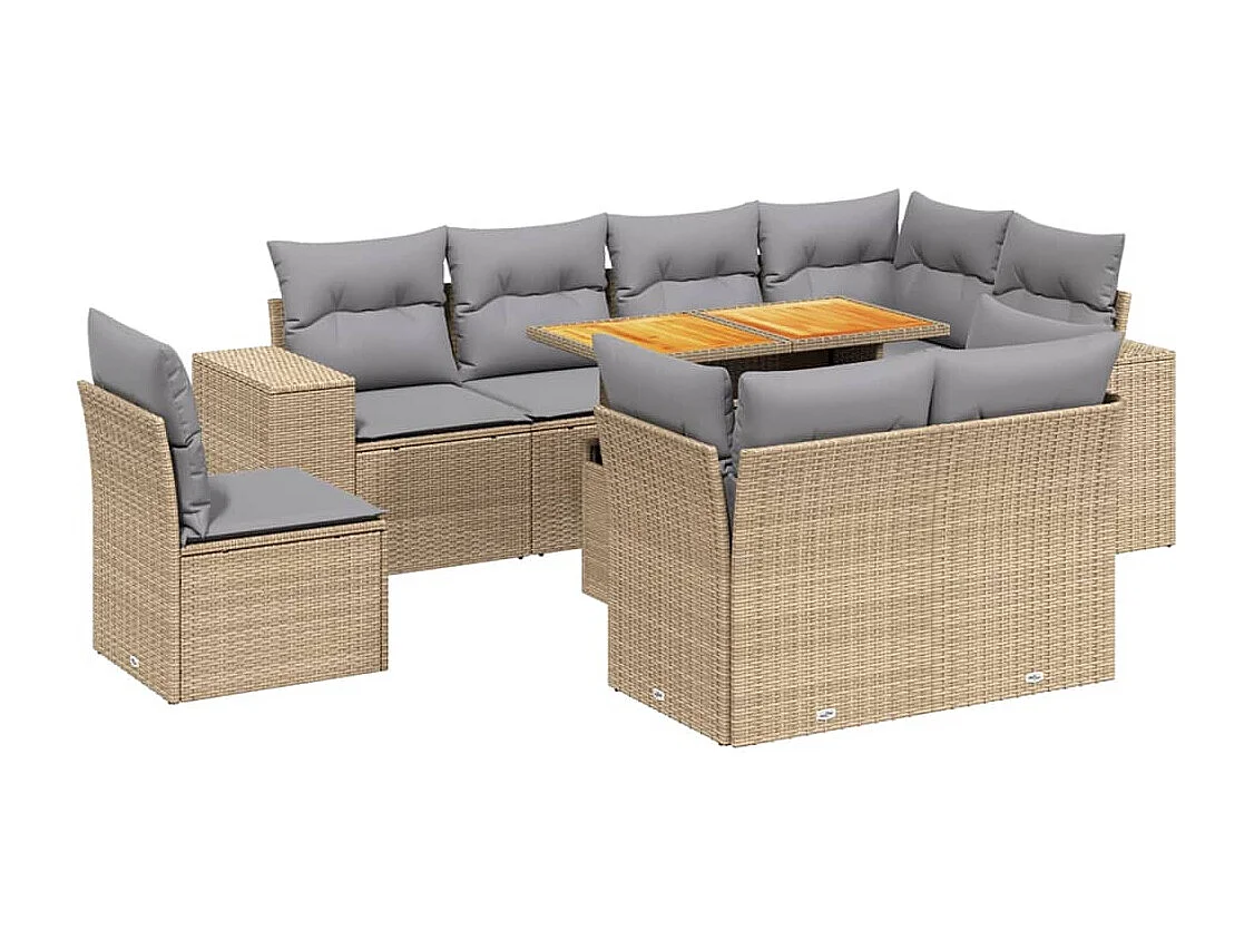 9 peças conjunto de sofás para jardim com almofadões vime PE bege