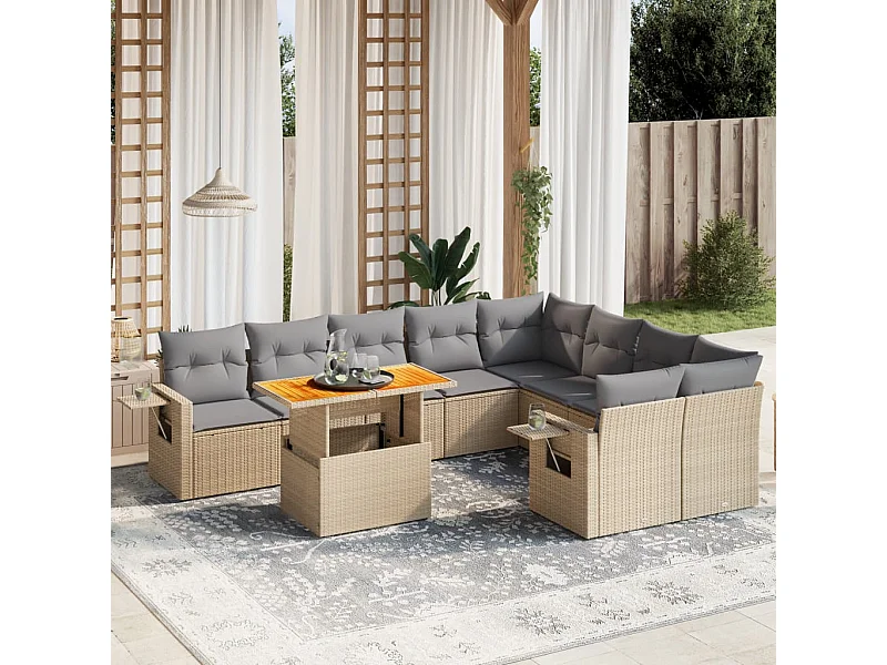 Salon de jardin avec coussins 10 pièces beige résine tressée