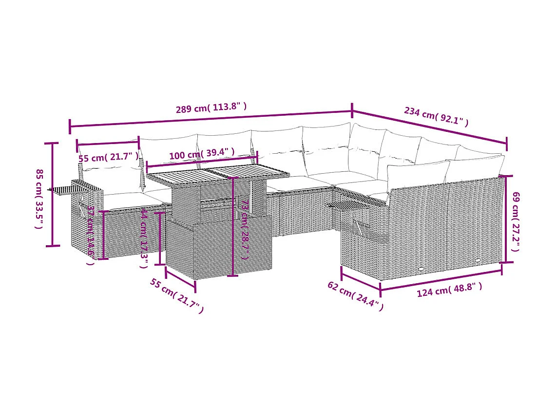 10-delige Loungeset met kussens poly rattan beige