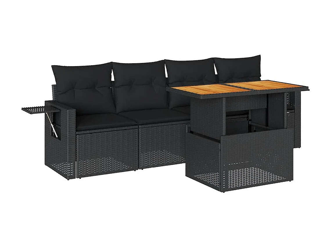 5 peças conjunto sofás de jardim com almofadões vime PE preto