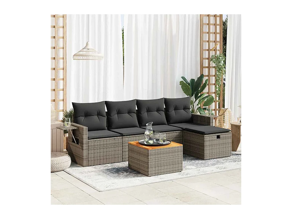 6-delige Loungeset met kussens poly rattan grijs