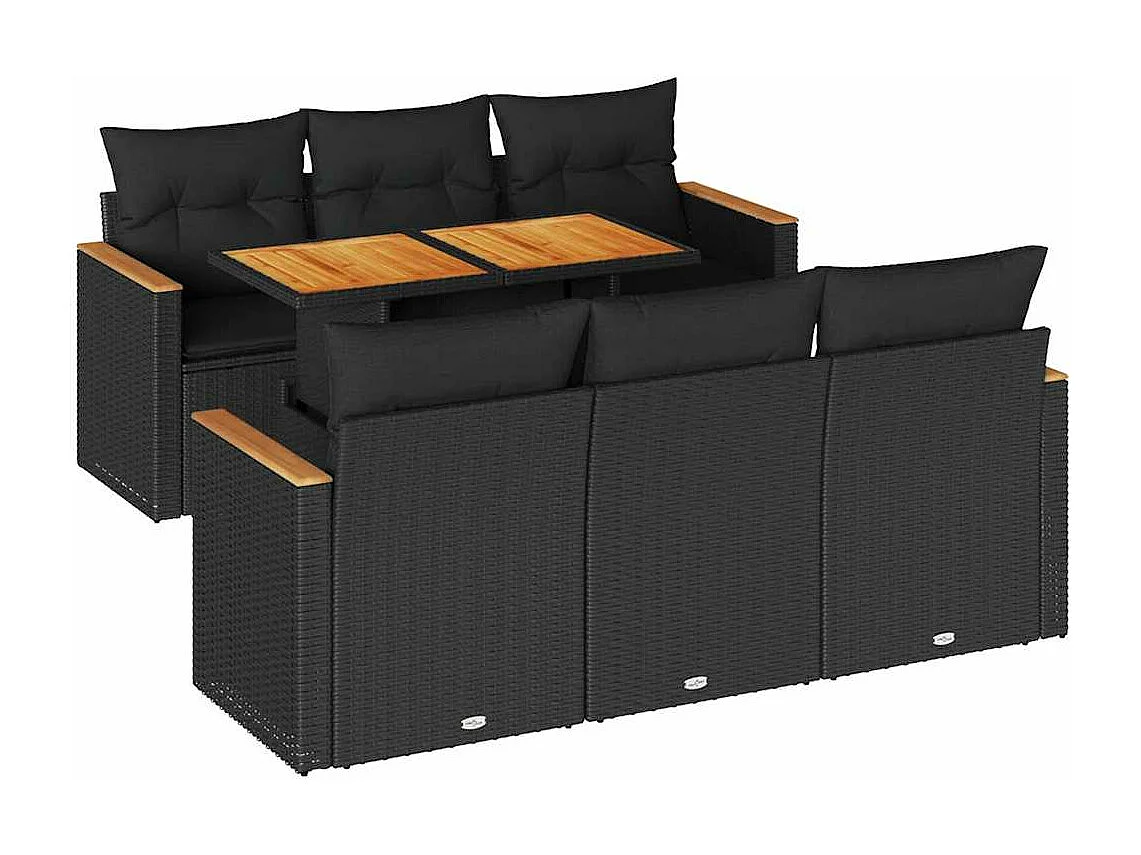 7-delige Loungeset met kussens poly rattan acacia zwart