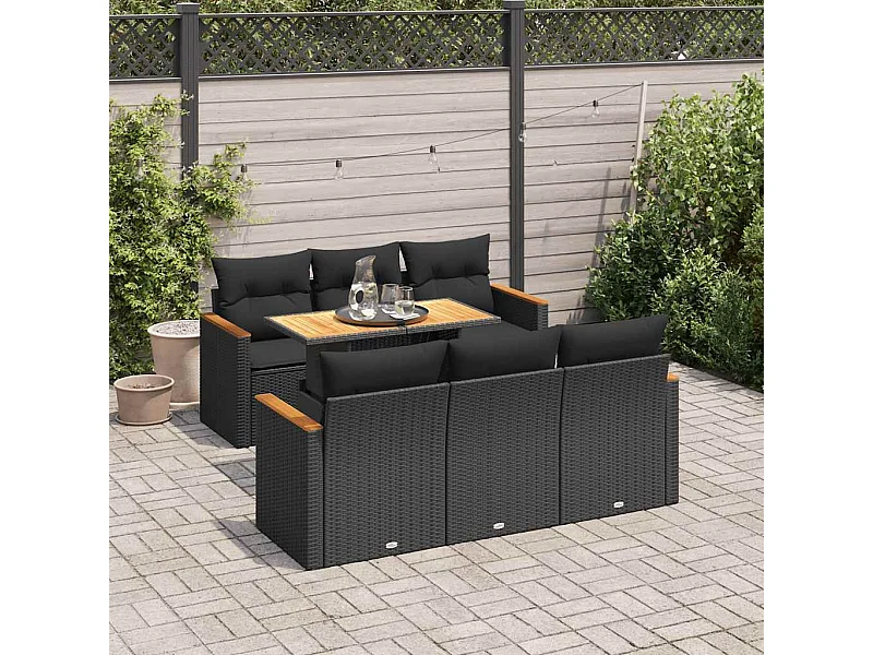 7-delige Loungeset met kussens poly rattan acacia zwart