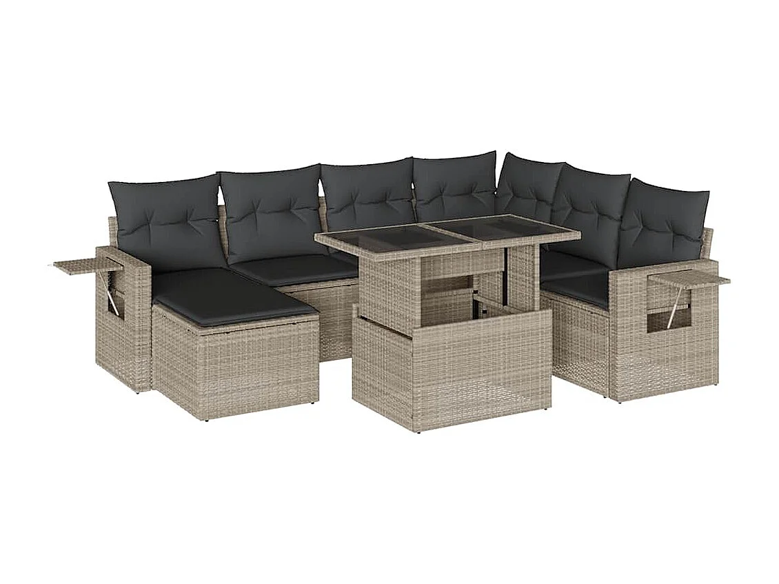 Salon de jardin 8 pièces avec coussins gris clair résine tressée