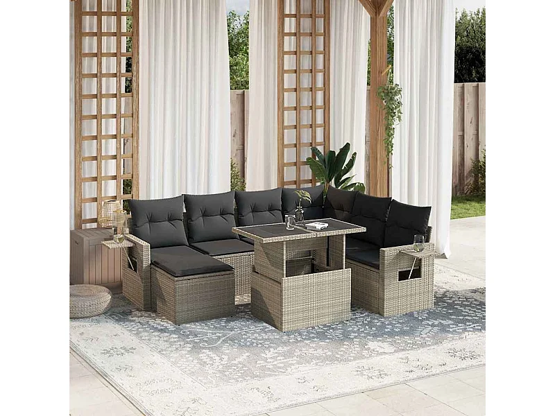 Salon de jardin 8 pièces avec coussins gris clair résine tressée