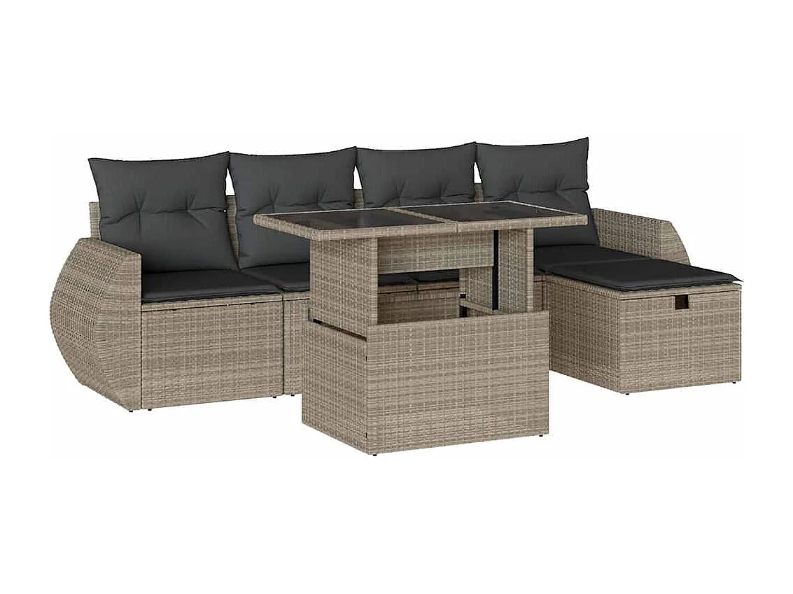 Salon de jardin 6 pièces avec coussins gris clair résine tressée