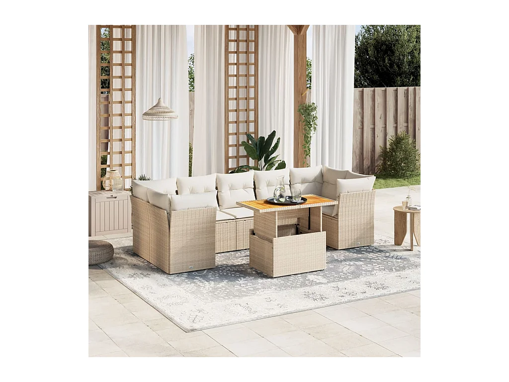 Salon de jardin avec coussins 8 pièces beige résine tressée