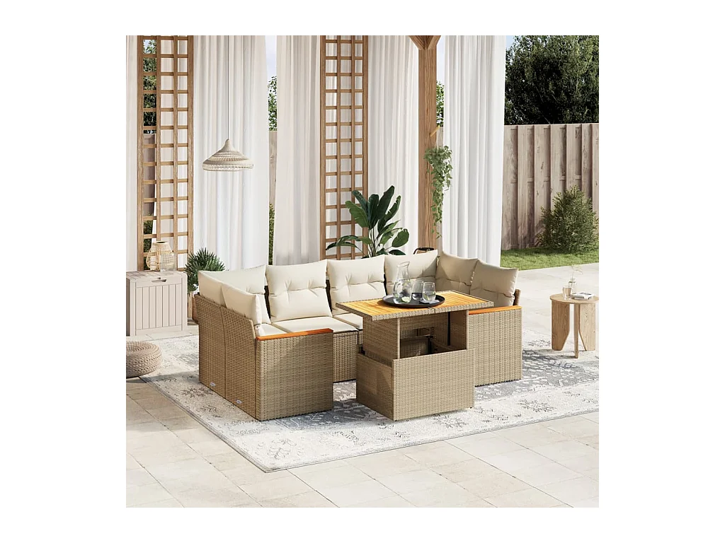 7-delige Loungeset met kussens poly rattan beige