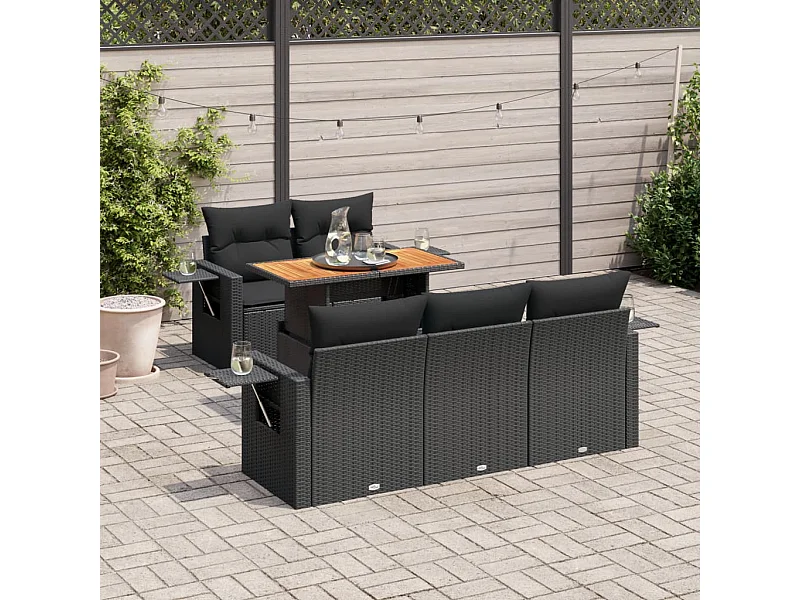 6-delige Loungeset met kussens poly rattan zwart