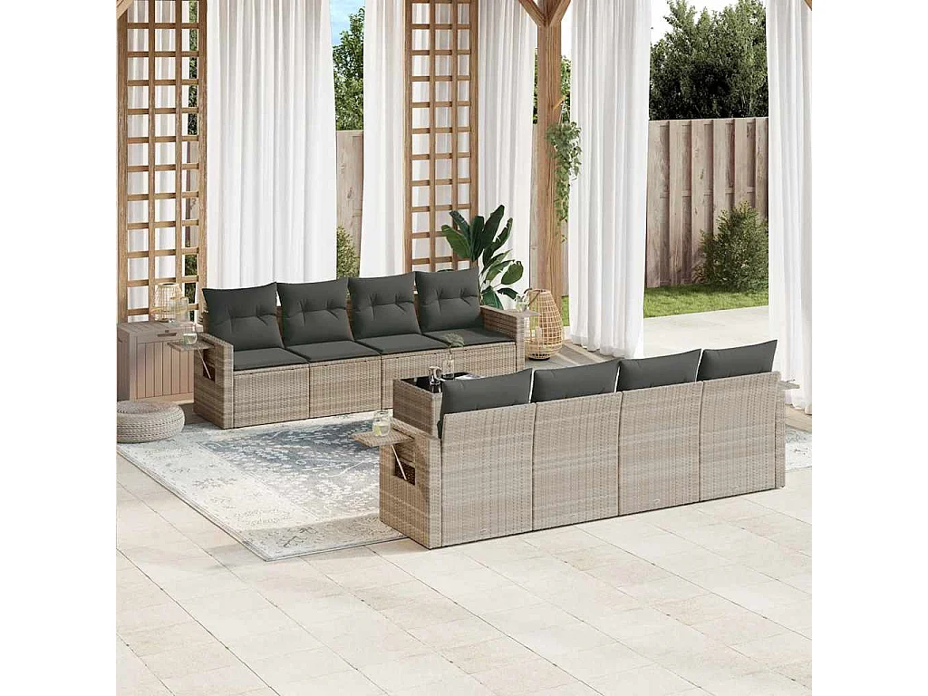 Salon de jardin 9 pièces avec coussins gris clair résine tressée