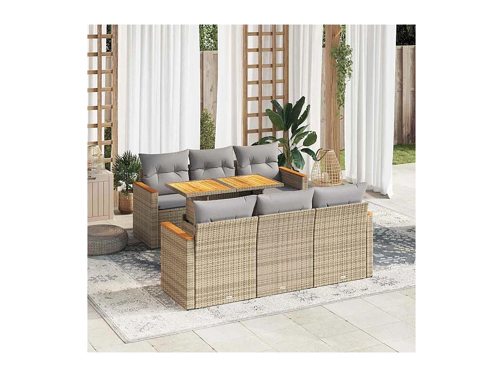 7-delige Loungeset met kussens poly rattan acacia beige