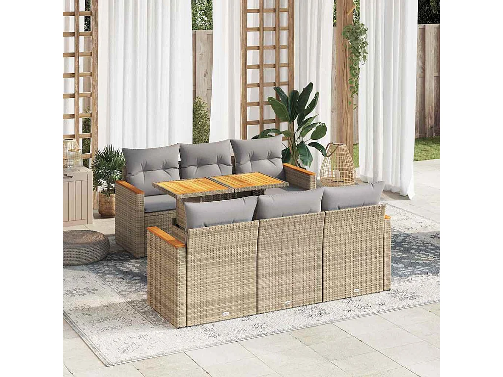 Salon de jardin avec coussins 7 pièces beige résine tressée acacia
