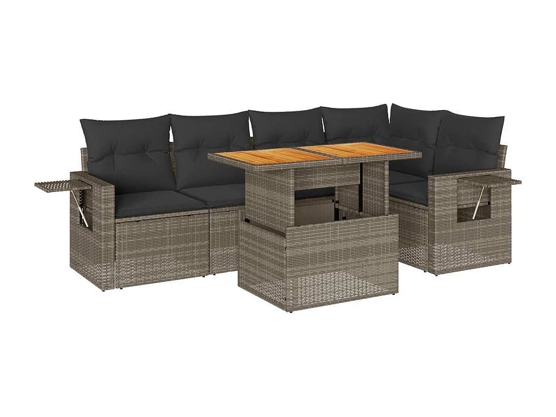 6-delige Loungeset met kussens poly rattan grijs