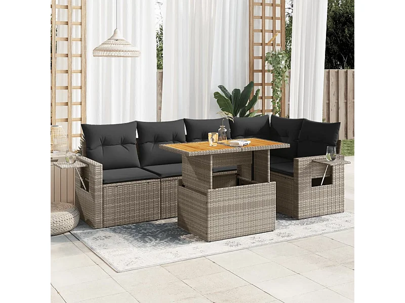 6-delige Loungeset met kussens poly rattan grijs