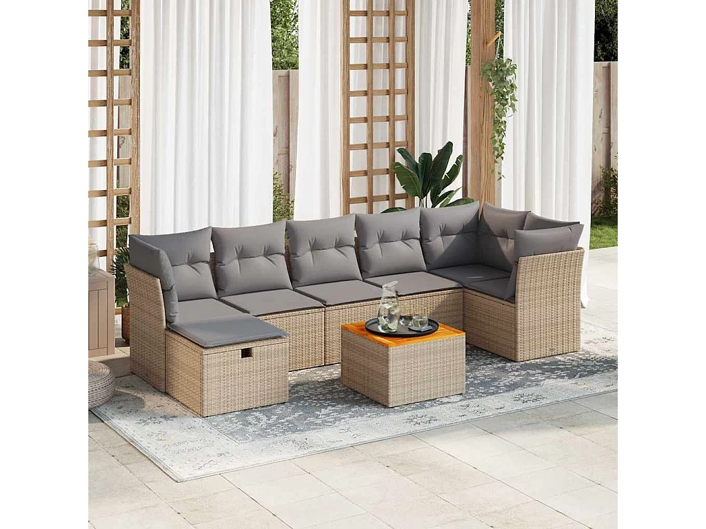8-delige Loungeset met kussens poly rattan beige