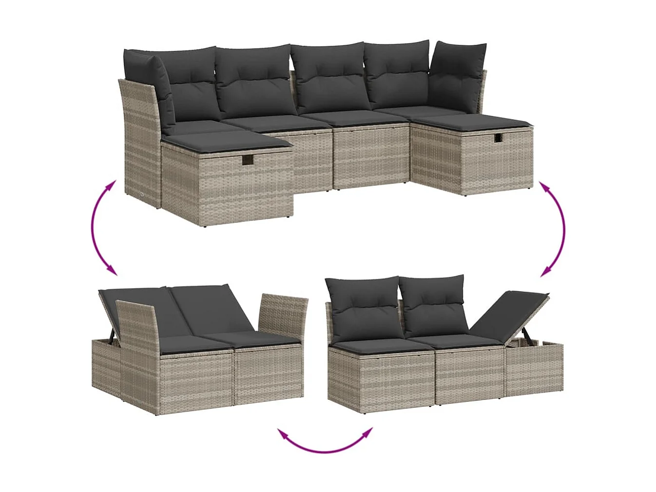 6 peças conj. sofás jardim com almofadões vime PE cinzento-claro