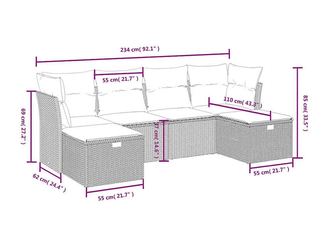 6 peças conj. sofás jardim com almofadões vime PE cinzento-claro