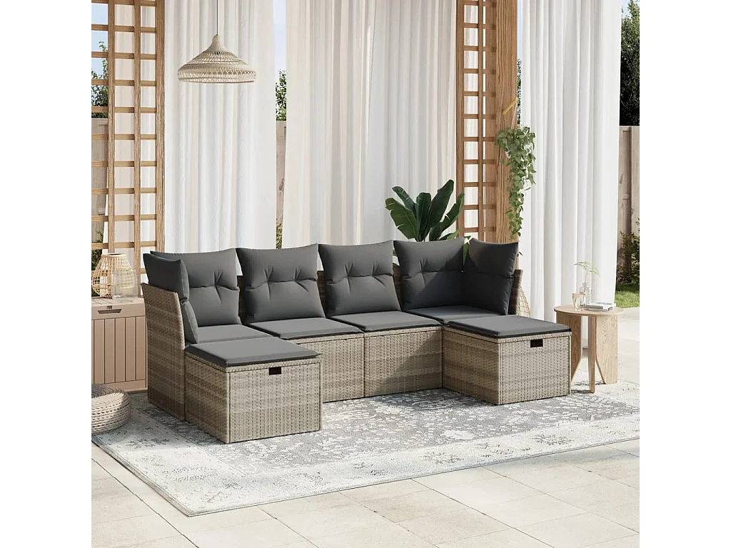 Set de sofás de jardín 6 piezas y cojines ratán sintético gris