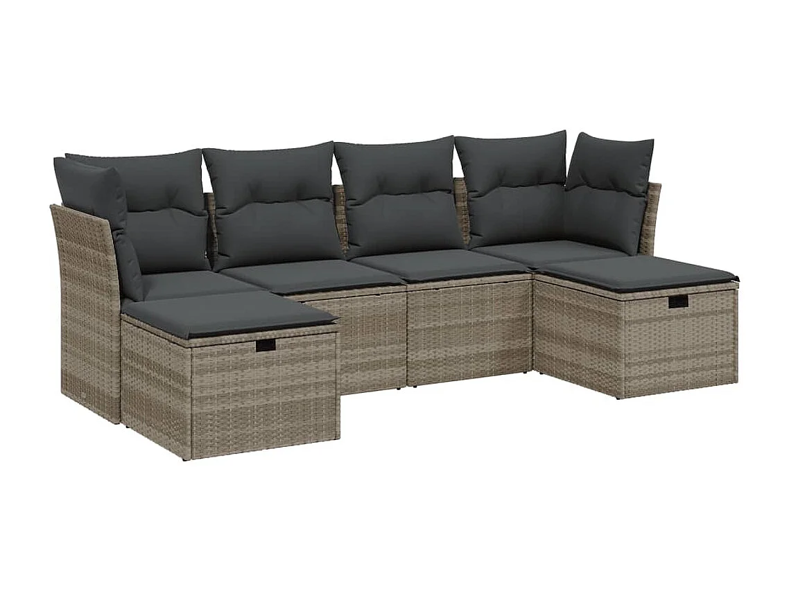 Set de sofás de jardín 6 piezas y cojines ratán sintético gris