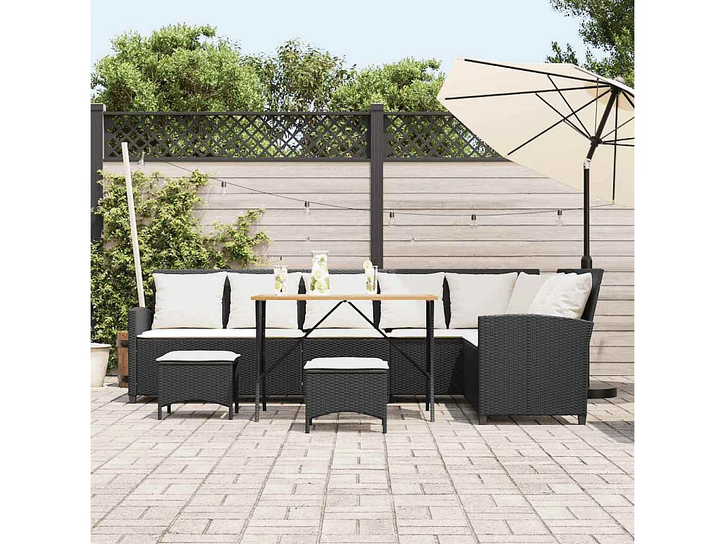 Salon de jardin 4 pièces avec coussins forme L noir résine tressée