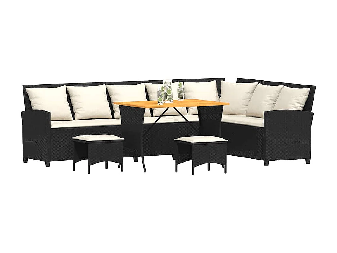 Salon de jardin 4 pièces avec coussins forme L noir résine tressée