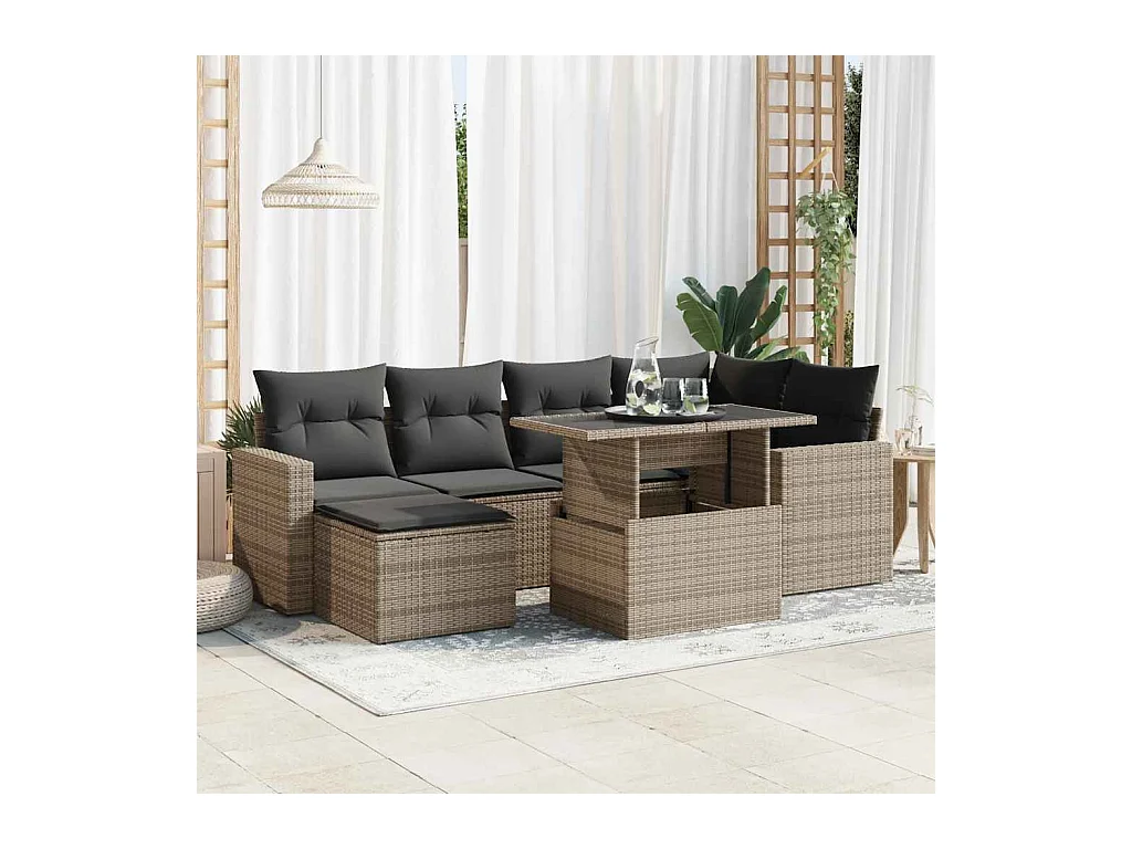 7-delige Loungeset met kussens poly rattan grijs