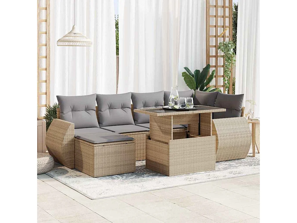 7-delige Loungeset met kussens poly rattan beige