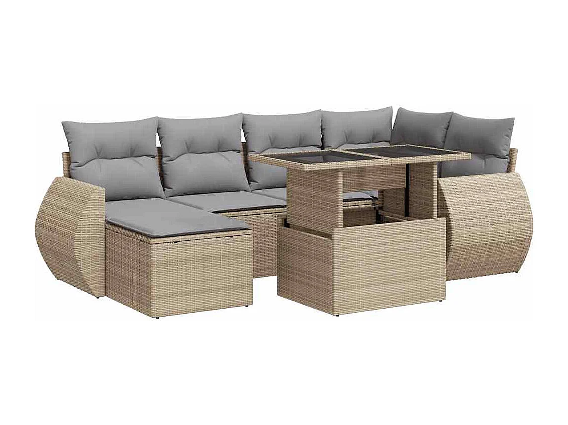 7-delige Loungeset met kussens poly rattan beige