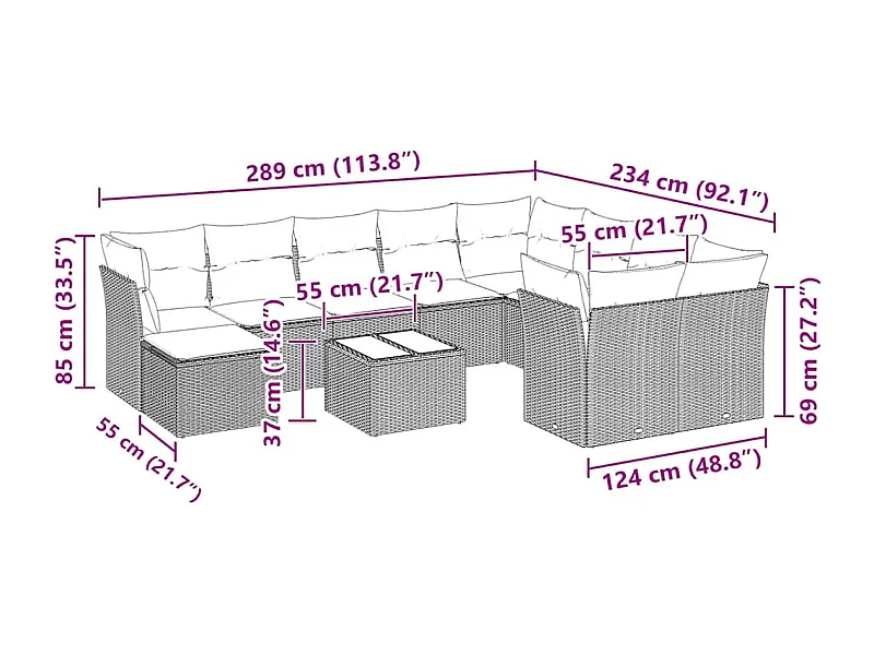 11-delige Loungeset met kussens poly rattan lichtgrijs