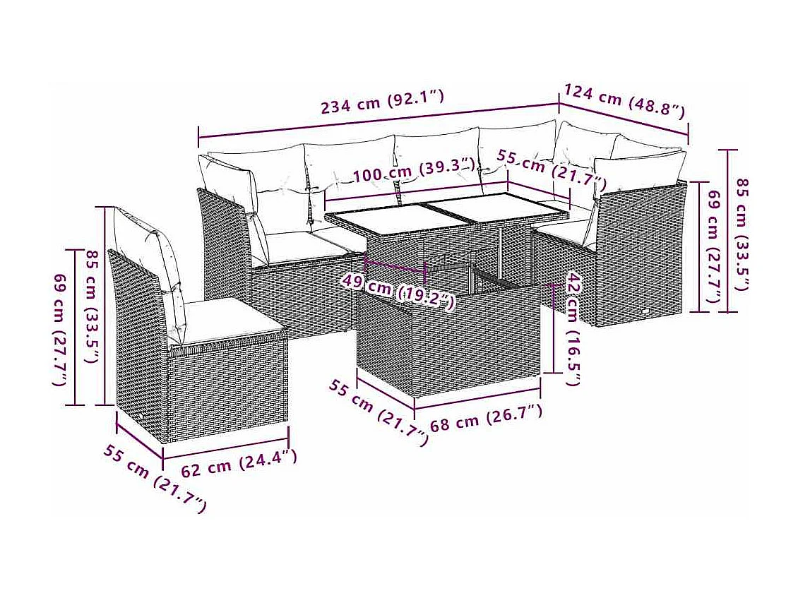 Set de sofás de jardín 6 piezas y cojines ratán sintético negro