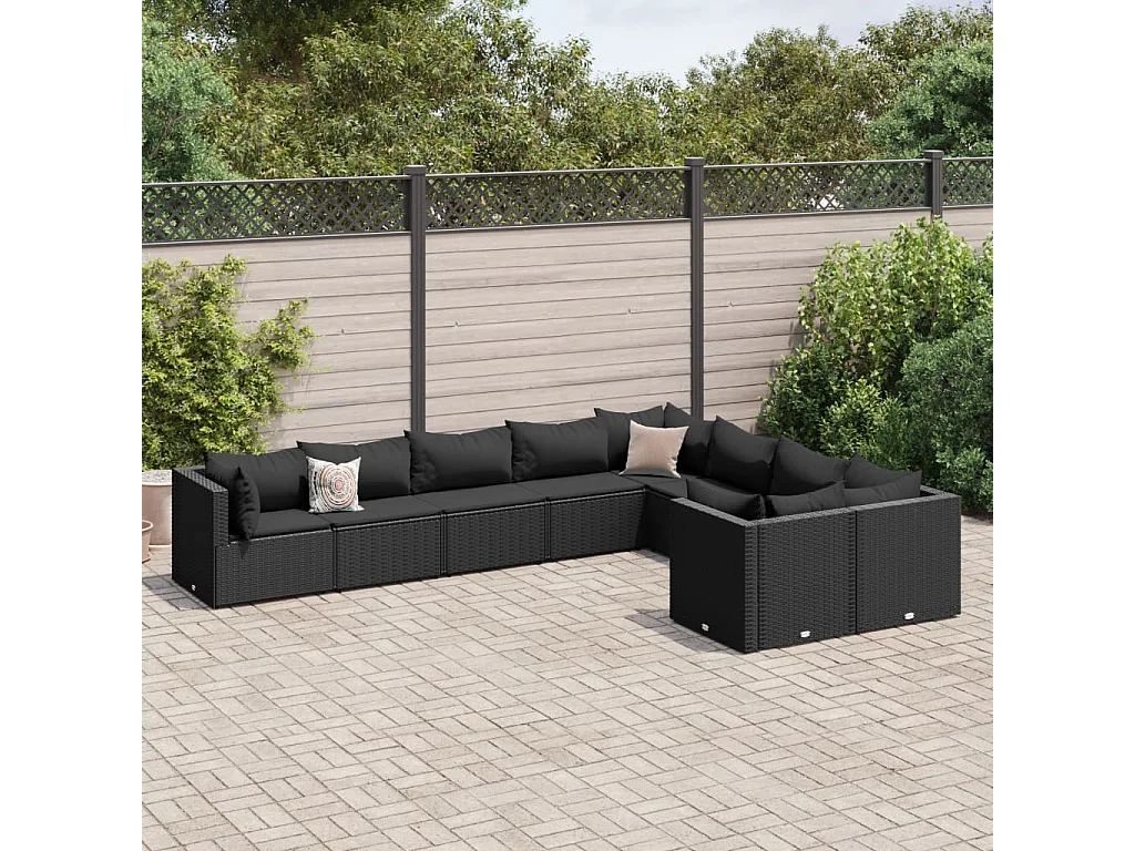 Salon de jardin 9 pièces avec coussins noir résine tressée