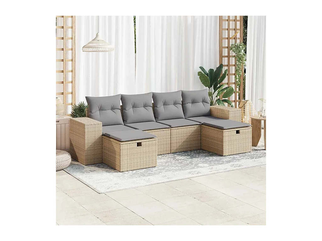 6-delige Loungeset met kussens poly rattan beige
