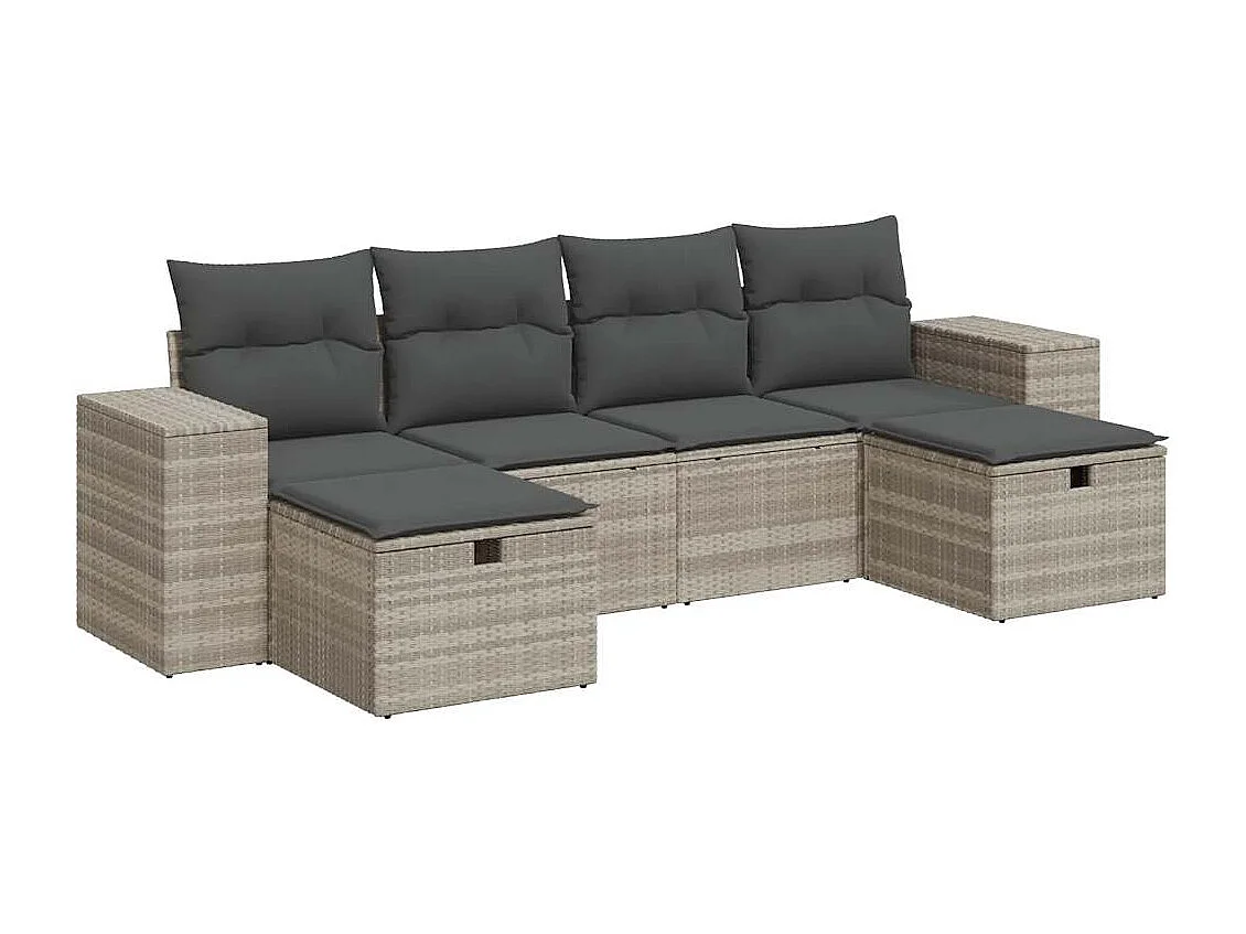 Set de sofás de jardín 6 piezas y cojines ratán sintético gris