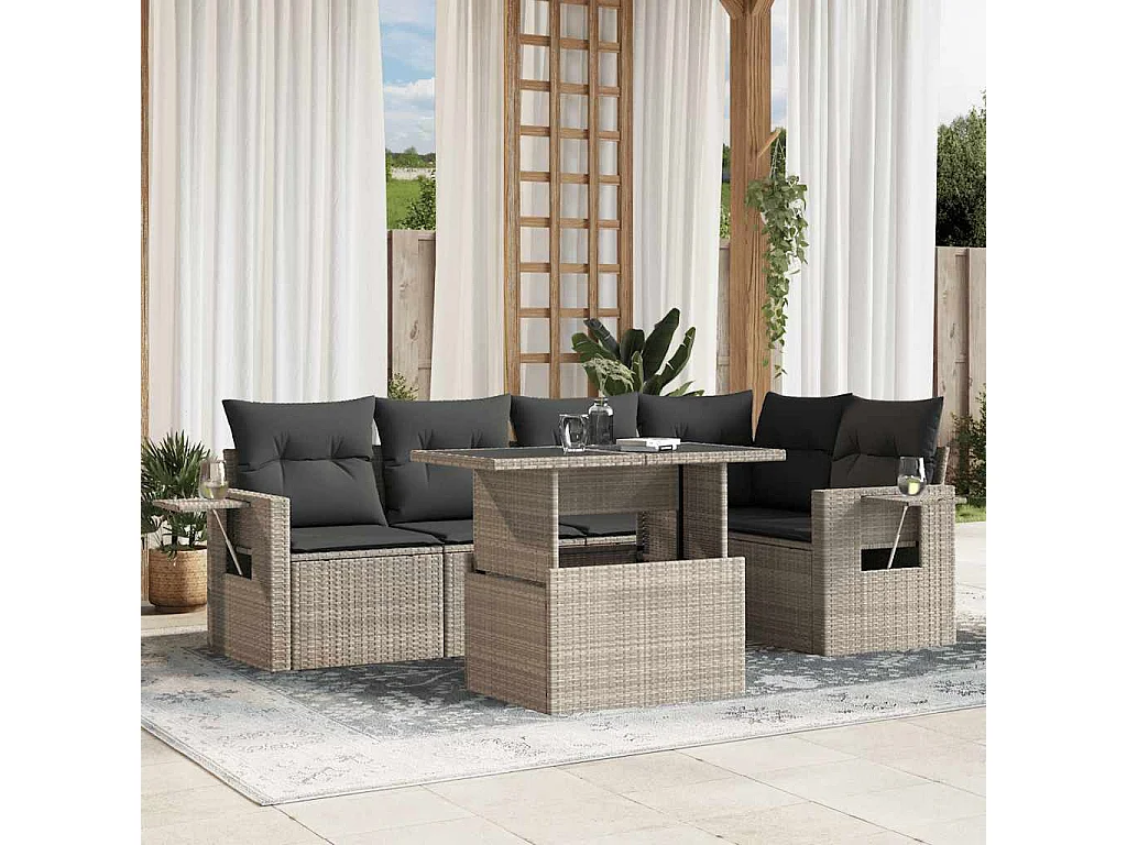 6-delige Loungeset met kussens poly rattan lichtgrijs
