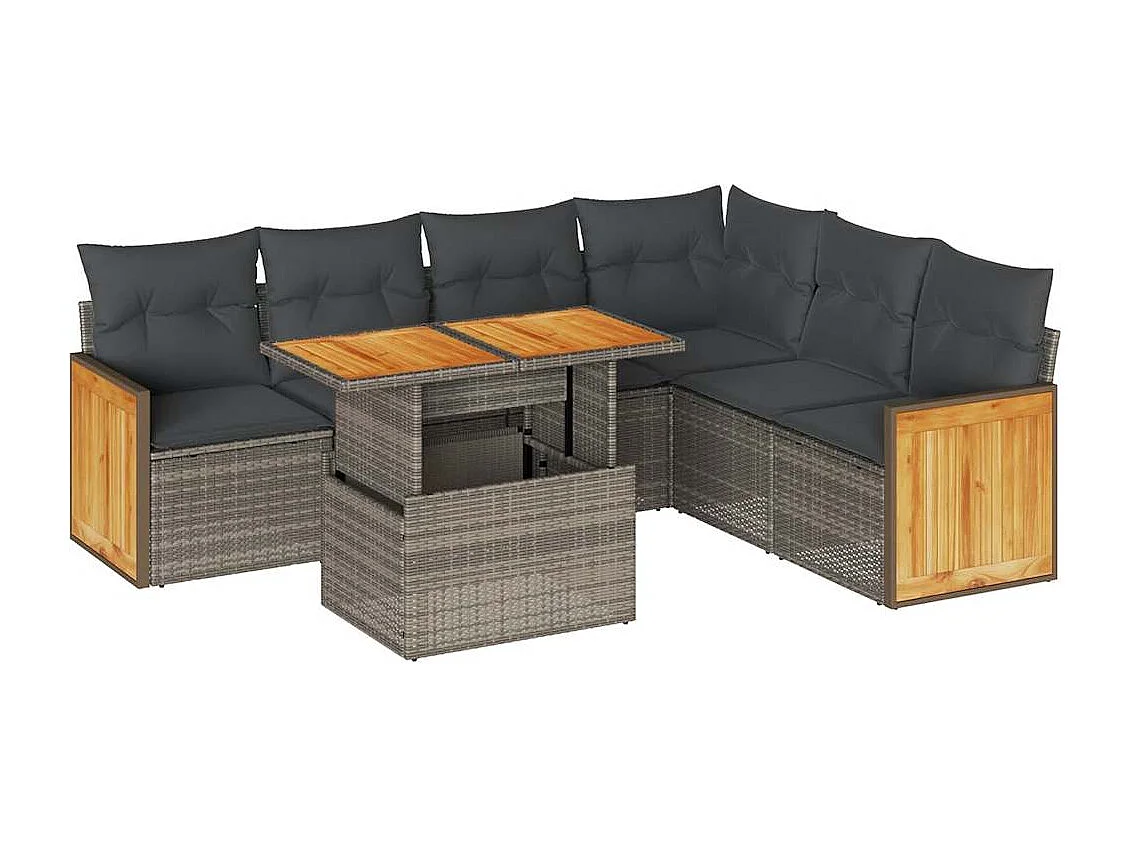7-delige Loungeset met kussens poly rattan acacia grijs