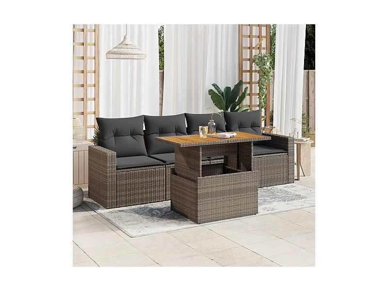 Salon de jardin 5 pièces avec coussins gris résine tressée