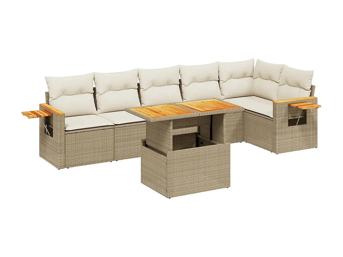 7-delige Loungeset met kussens poly rattan beige