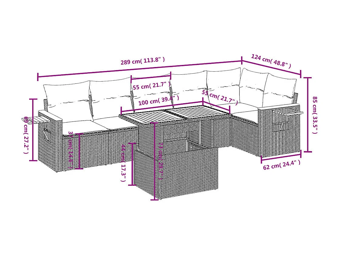 7-delige Loungeset met kussens poly rattan beige